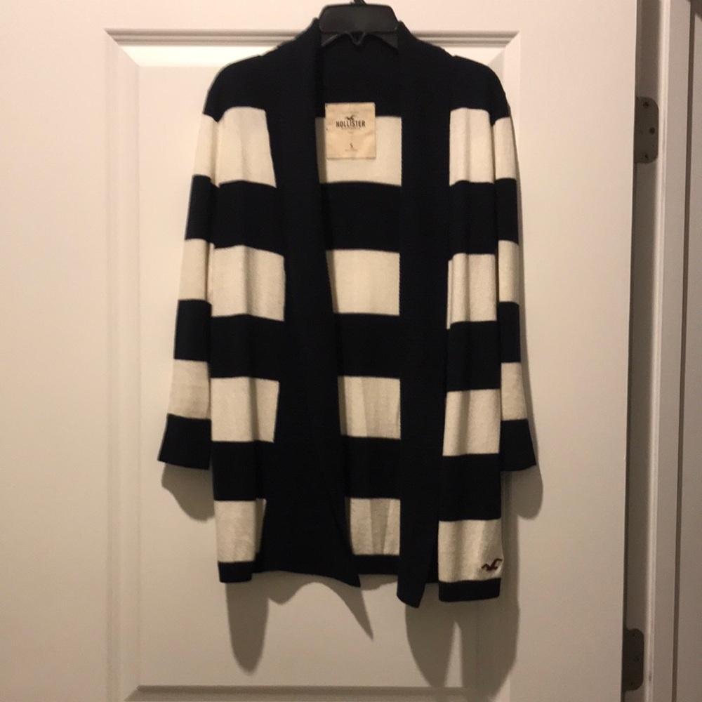 Hollister Women's Navy and White Striped Open Cardigan Sweater